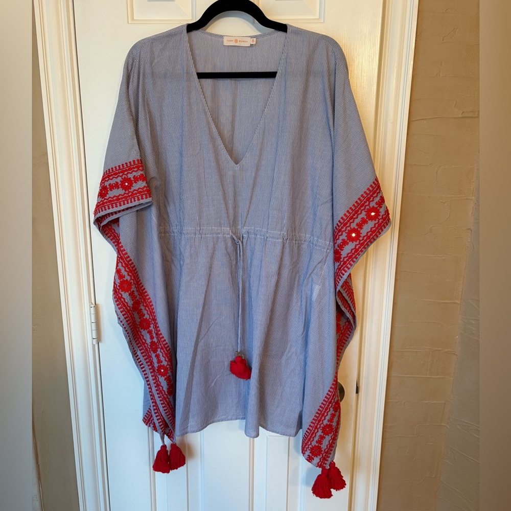 Tory Burch Blue and Red Embellished Swim Coverup